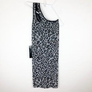 BEBE leopard single shoulder bodycon dress silver